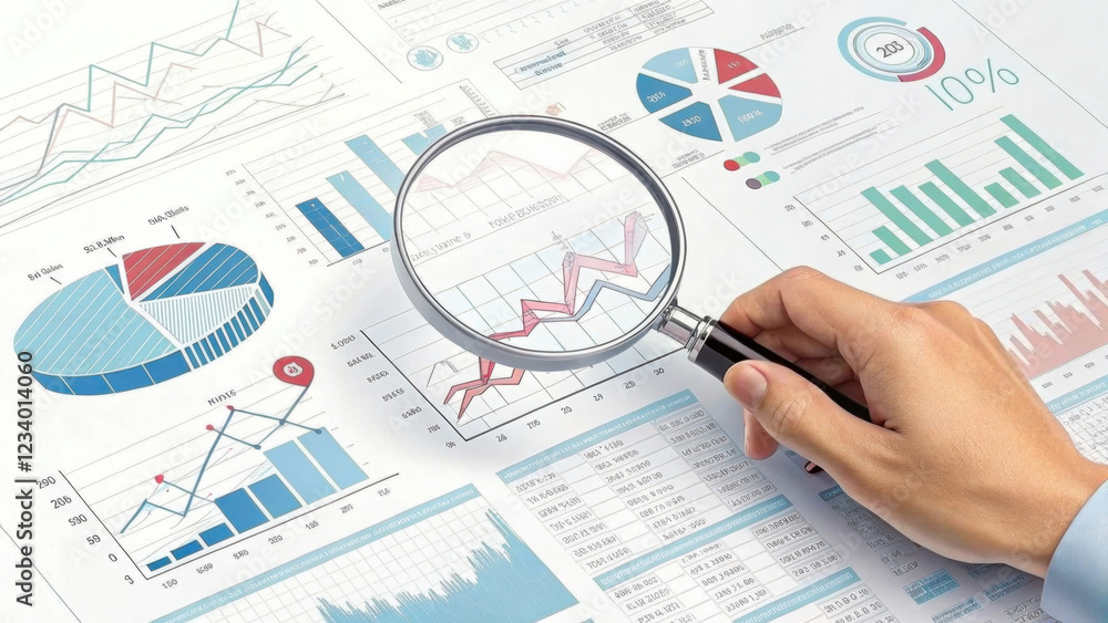 Poster a hand holding a magnifying glass over various charts and graphs, illustrating data analysis and vis