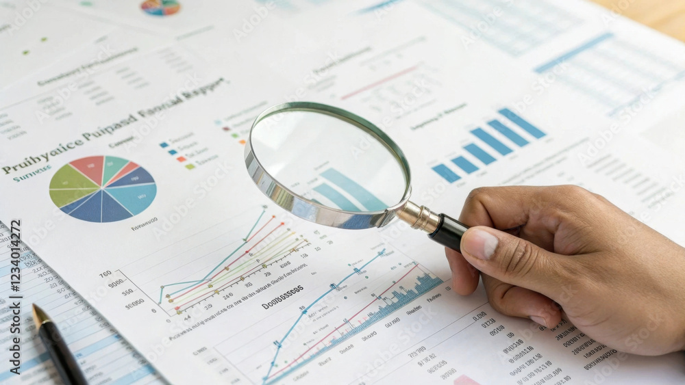 Poster a hand holds a magnifying glass over financial graphs and charts, emphasizing data analysis and deta