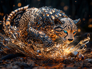 Obraz premium leopard surrounded by sparkling, metallic liquid, creating an ethereal and fantastical scene with a warm, golden glow. The leopard's eyes are glowing, adding to the surreal and magical atmosphere.