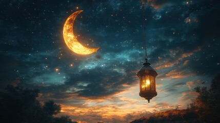 Naklejka premium Night Sky Serenity: Crescent Moon, Lantern, and Starry Night