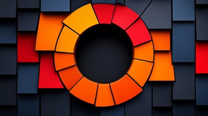Obraz premium Abstract Geometric Circle: A striking abstract design featuring a bold, circular motif composed of vibrant orange and red segments against a backdrop of cool, dark gray squares.