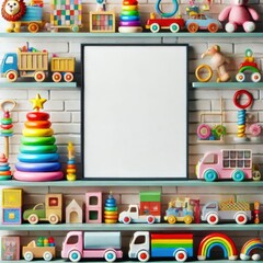 A side view of colorful toys neatly arranged on a shelf with one central blank frame for writing or illustrations 1