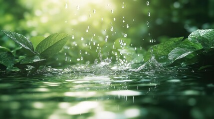 Fototapeta premium Rain Drops Splashing on Green Leaves and Calm Water