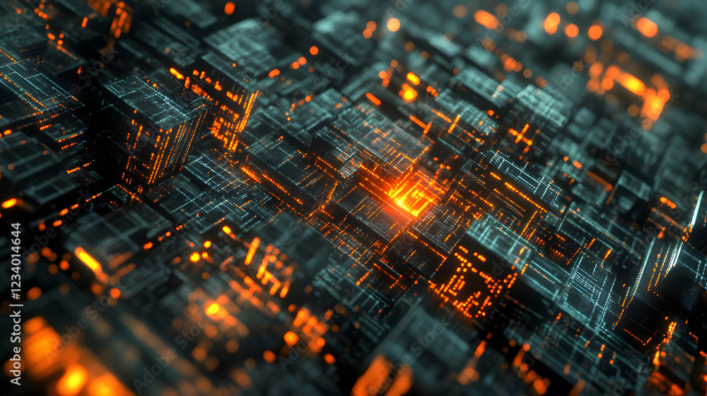 Poster abstract 3d rendering of a complex network of glowing orange and teal cubes, resembling a futuristic