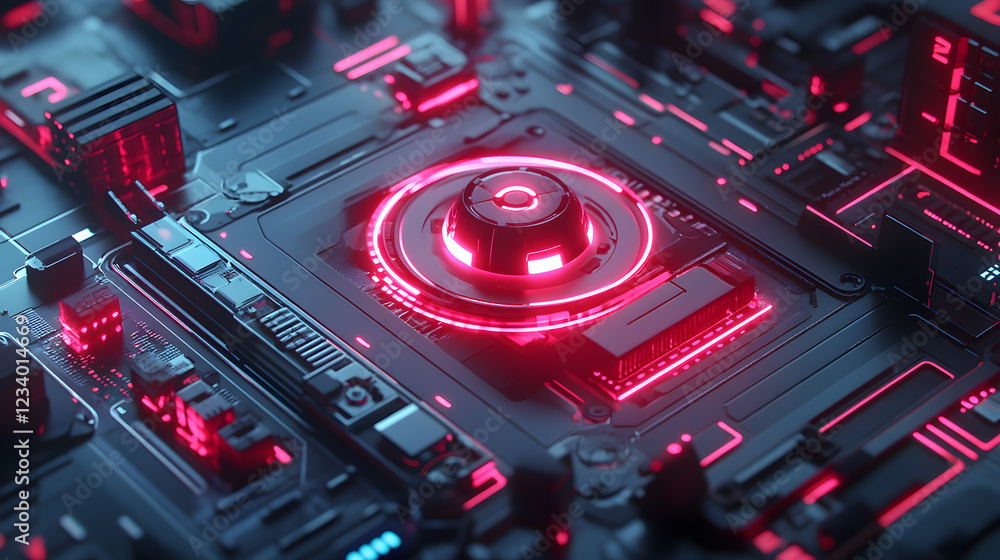Aufkleber close-up of a futuristic circuit board with glowing red neon accents. high-tech digital technology c