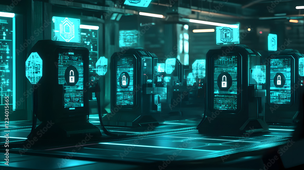 Poster futuristic server room with glowing cyan screens displaying security lock icons. cybersecurity, data