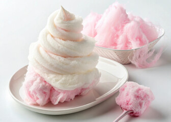 A fluffy serving of cotton candy sits on a plate, accompanied by a bowl of pink cotton candy and a small stick of candy.