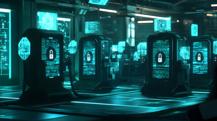 Futuristic server room with glowing cyan screens displaying security lock icons.  Cybersecurity, data protection, and technological advancement are visually represented.