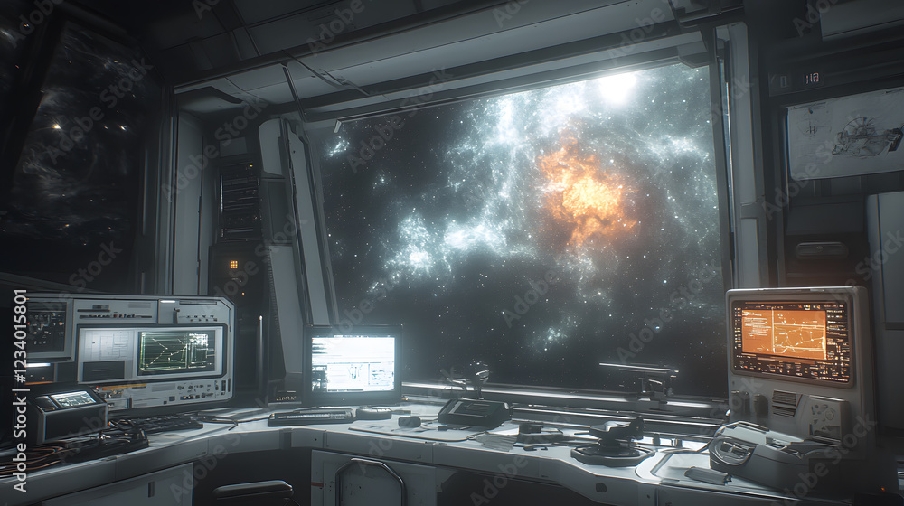 Poster a spaceship control room with large window showcasing a vibrant nebula in space. retro-futuristic co