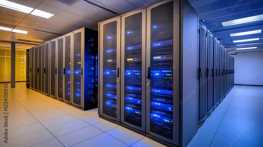 Poster rows of sleek, modern server racks illuminate a data center with blue lights. clean lines and high-t