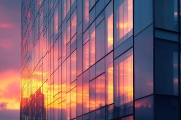 Sunset reflected in modern glass skyscraper windows