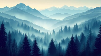 Misty mountain forest sunrise panorama, scenic wallpaper