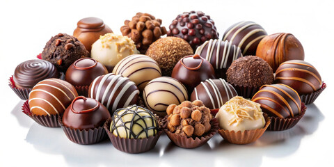 A delightful assortment of gourmet chocolates featuring various shapes, textures, and decorative toppings, perfect for indulgence or gifting.