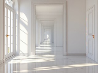 Obraz premium Sunlit Hallway: Elegant Doors & Marble