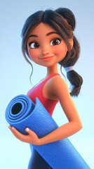 3D Render Cartoon of a Young Woman Holding a Blue Yoga Mat with a Cheerful Smile