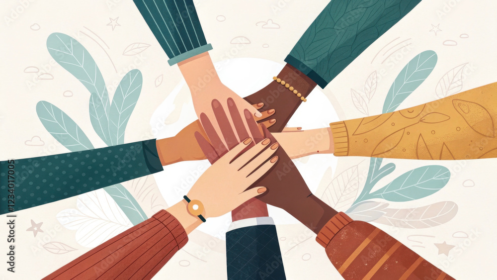 Poster diverse hands joining together symbolize unity and collaboration in a supportive community.