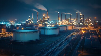 Obraz premium Nighttime refinery glows brightly under cool blue light illuminating industrial structures. AI Generated