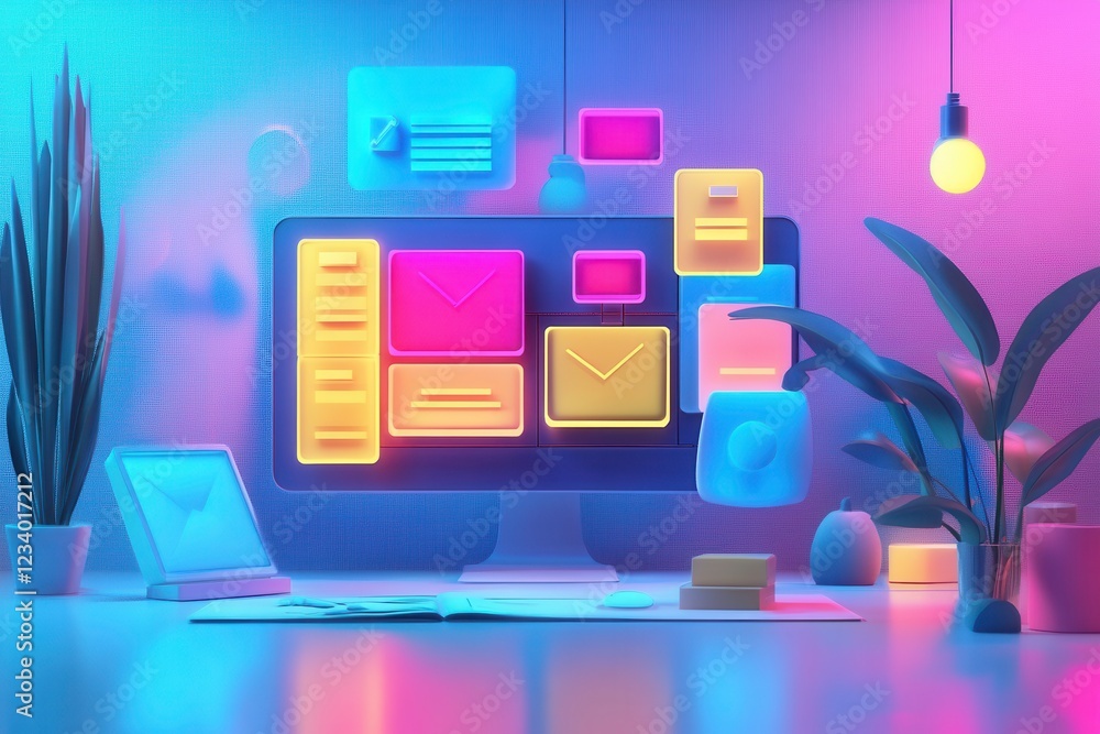 Poster a vibrant workspace featuring a computer with colorful email notifications, plants, and a modern des