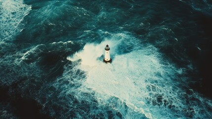 A lighthouse stands resolute amidst swirling ocean waves, symbolizing guidance and strength against nature's formidable force.