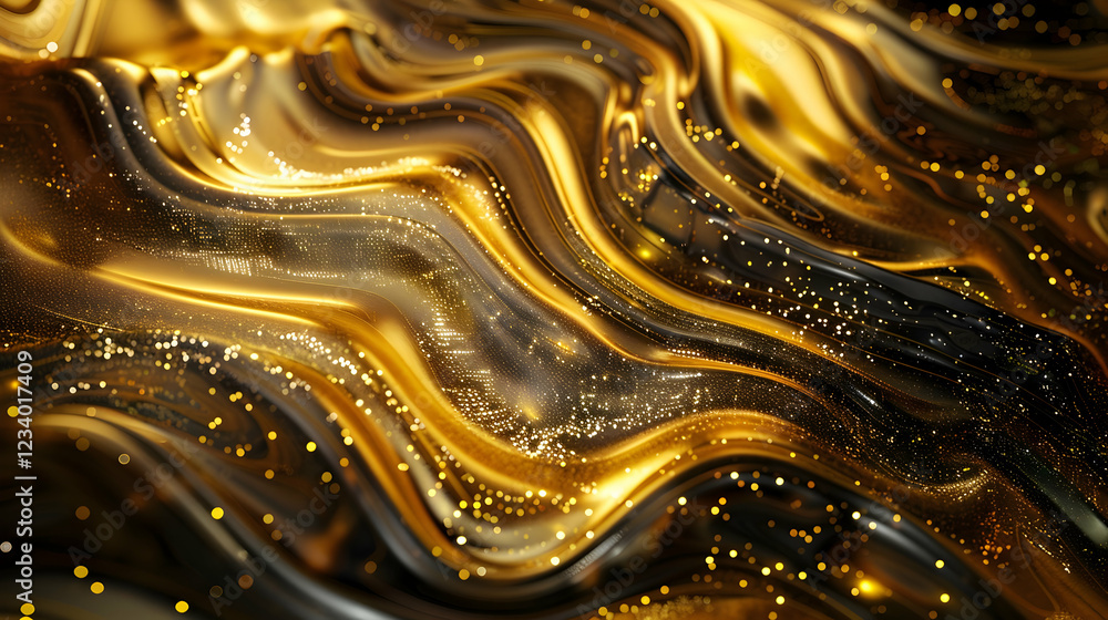 Poster abstract golden waves with shimmering particles creating a luxurious, fluid texture.