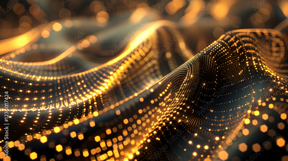 Poster a mesmerizing abstract representation of flowing waves with glowing particles.
