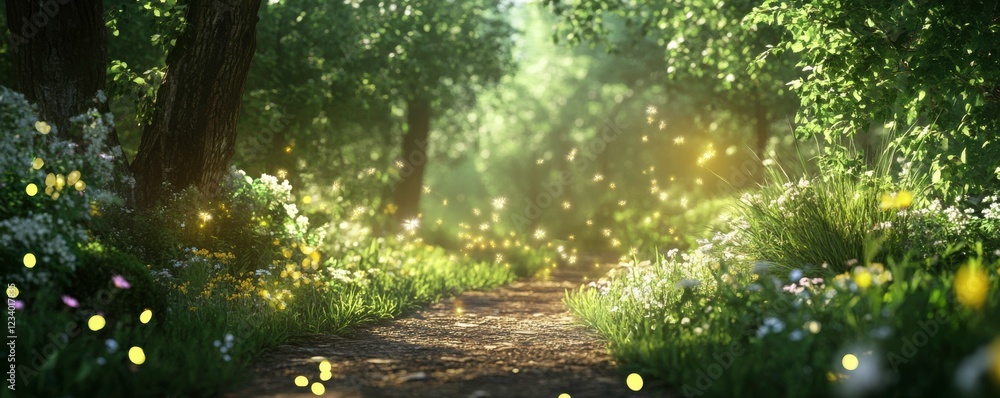Poster a serene forest path illuminated by soft light, surrounded by lush greenery and flowers, creating a 
