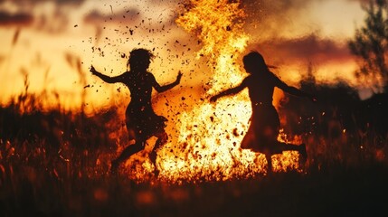 Obraz premium Children frolic joyfully through a field, lit by the warm glow of a bonfire, their playful shadows dancing amidst flying sparks.