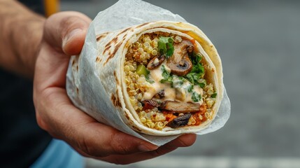 A delicious wrap filled with quinoa, vegetables, and sauce, held in a hand, showcasing vibrant colors and textures.