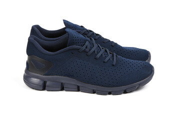 Blue summer sneaker made of mesh fabric, with a thick sole, isolate on a white background.
