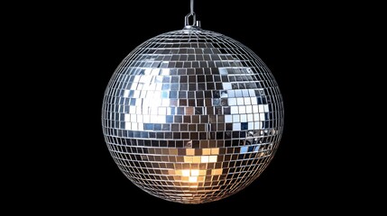Obraz premium Disco ball gleams brightly against dark background reflecting vibrant light. AI Generated