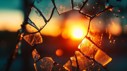Sunlight spills through a shattered glass opening, creating a warm, glowing orb of light amidst broken fragments.