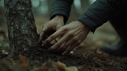 Hands planting a tree seedling in a wooded area convey a sense of nurturing and connection with nature.
