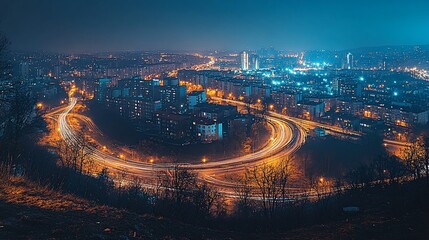 Cityscape with long exposure traffic at night featuring lit buildings and roadways