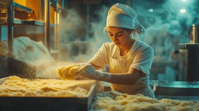 A baker, focused and covered in flour, kneading dough in a warm bakery, with gentle steam rising, capturing dedication and artisanal craftsmanship.