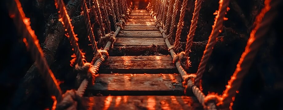 Dramatic Rope Bridge Crossing Through Mysterious Forest Landscape