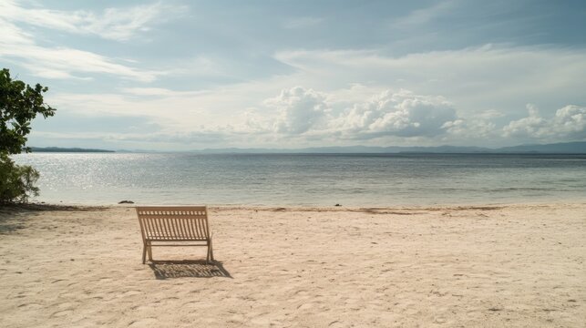 Serene beach scene with empty wooden bench overlooking calm ocean under a partly cloudy sky.