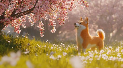 Fototapeta premium Happy Shiba Inu Dog Under Cherry Blossom Tree