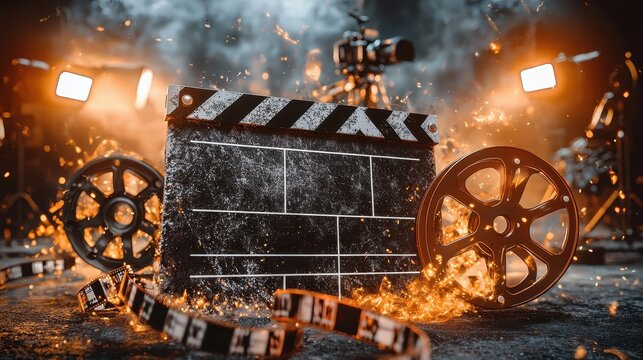 Filmmaking's Fiery Heart: Clapperboard and Reels in Cinematic Inferno