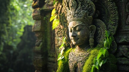 Fototapeta premium A serene stone sculpture adorned with moss and vines exudes tranquility amidst a lush jungle, bathed in dappled sunlight.