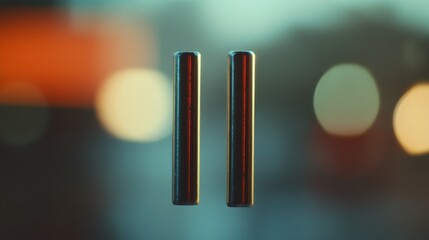 Two metallic cylinders appear suspended in mid-air against a blurred, warm backdrop, suggesting...