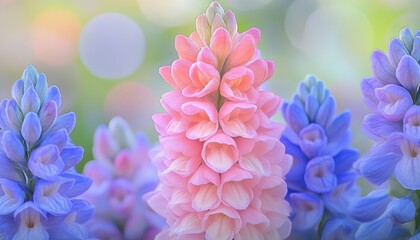 Obraz premium Spindly Pastel Lupins in a Sunny Meadow A Vibrant Floral Display in Pink, Purple, and Blue Tones