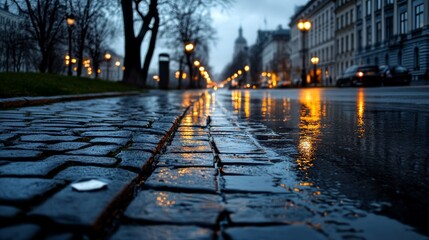 Rain-kissed logs glint with city lights, leading into the distance of a rainy city street, imparting a misty mood enriched by glowing streetlamps.