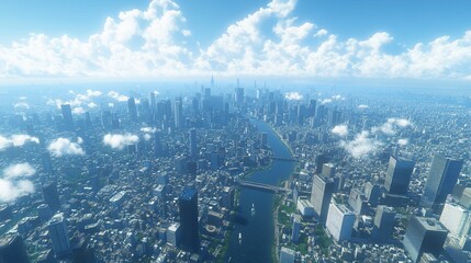 Aerial view of a sprawling cityscape with a river flowing through it and fluffy clouds above