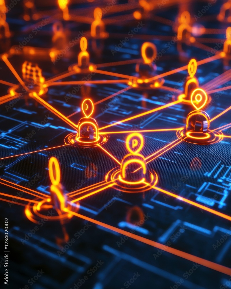 Poster a vibrant digital network displays interconnected nodes representing users, symbolizing communicatio