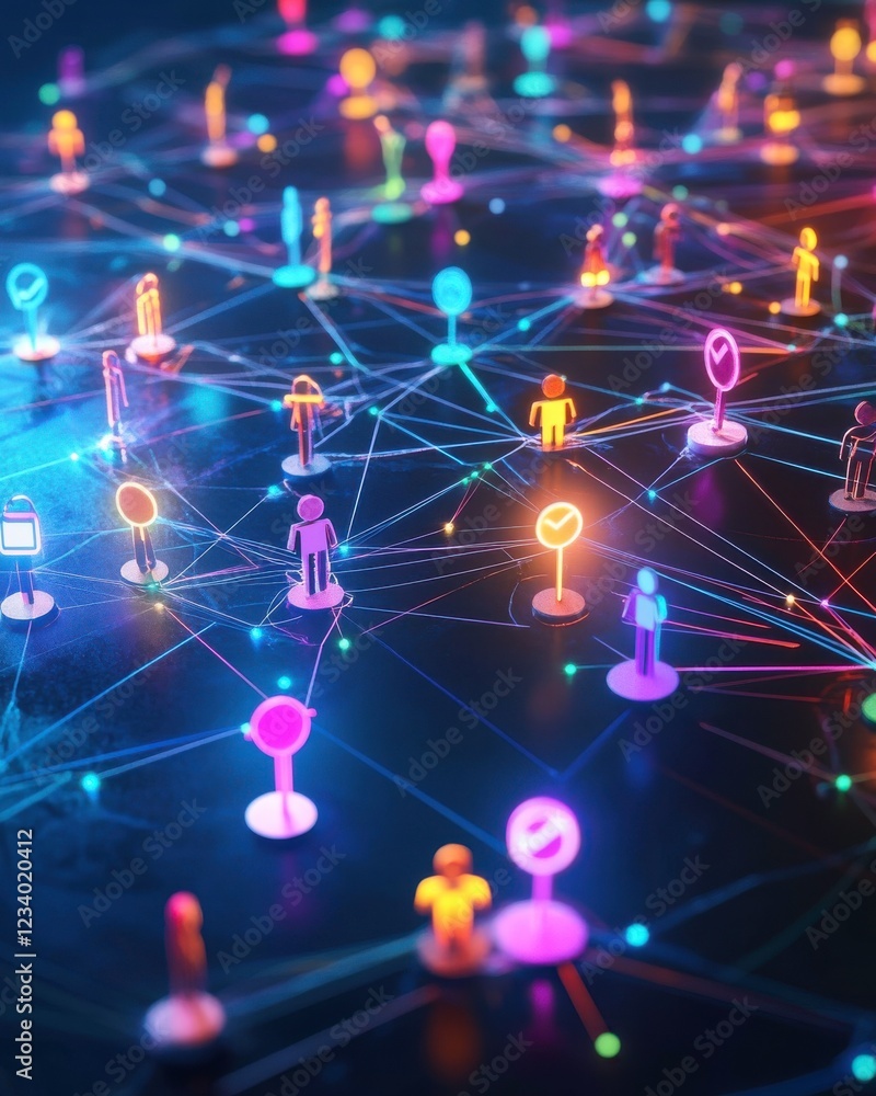 Poster a vibrant digital network of connected figures, illuminated by colorful lights, symbolizing communic