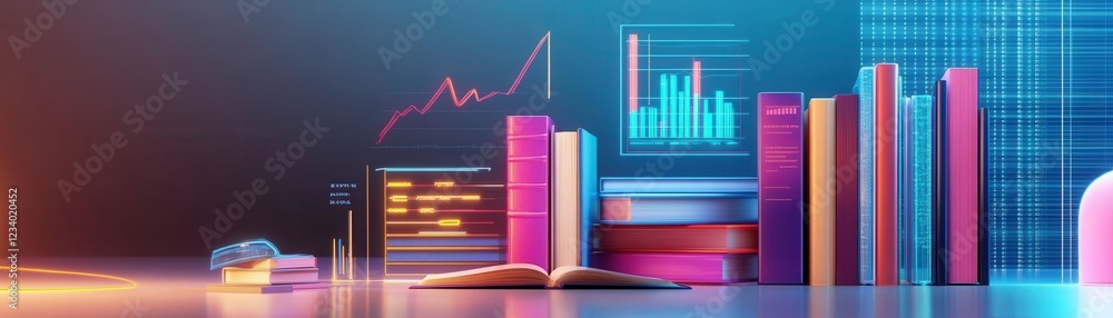 Poster a vibrant arrangement of books with data visualizations, symbolizing the intersection of knowledge a