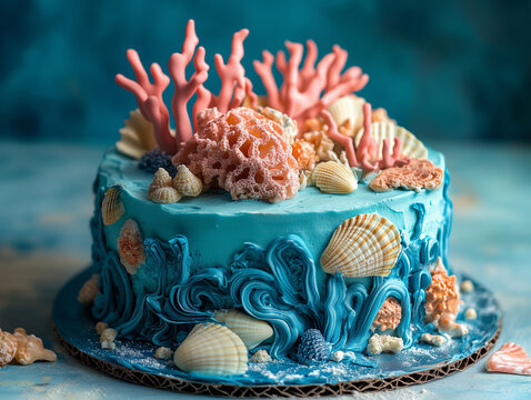 Underwater coral reef cake with edible coral structures, vibrant blue icing, and realistic seashell details, artistic ocean-inspired design 