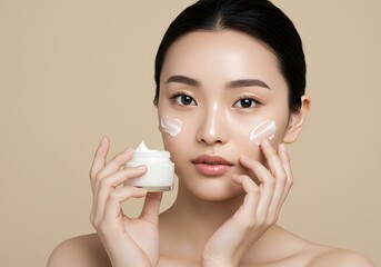A Korean beauty model applying cream to her face for skin care