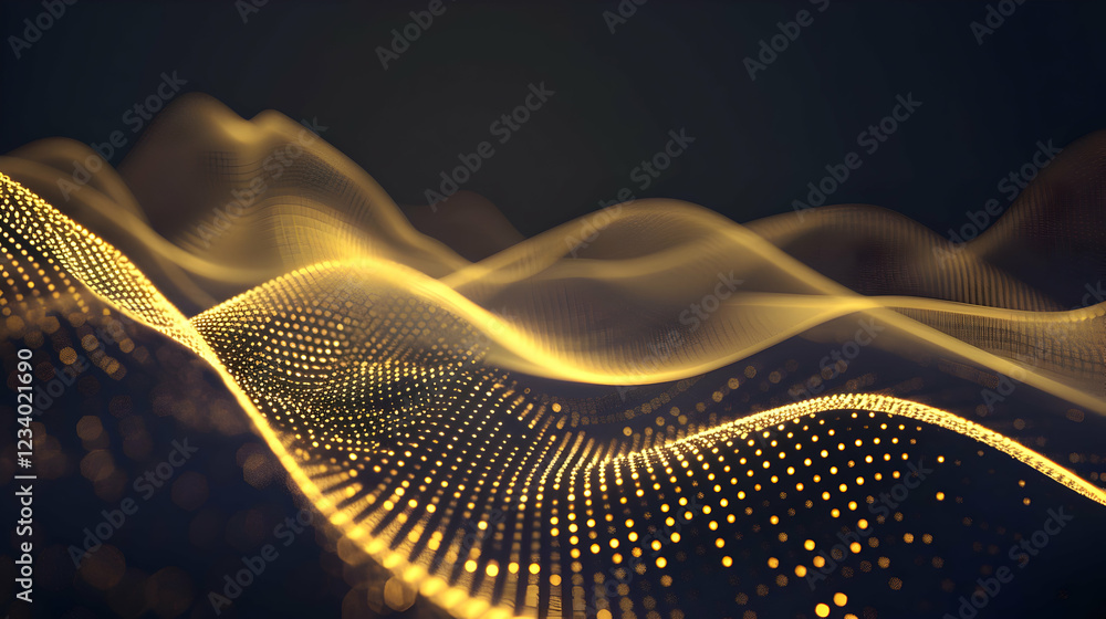 Poster abstract representation of flowing waves with glowing dots, suggesting data or sound visualization.