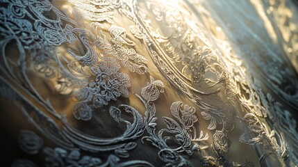 Elegant lace curtains softly draped, backlit by sunlight, revealing intricate patterns and a warm, tranquil ambiance.